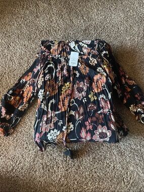 Off-Shoulder Floral Tunic Top - Black with Rust & Cream